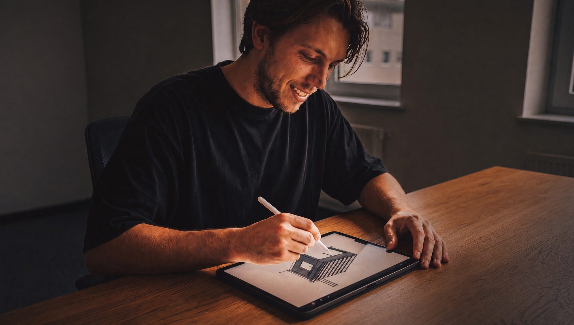Constructeur schetst een bouwconstructie op een tablet